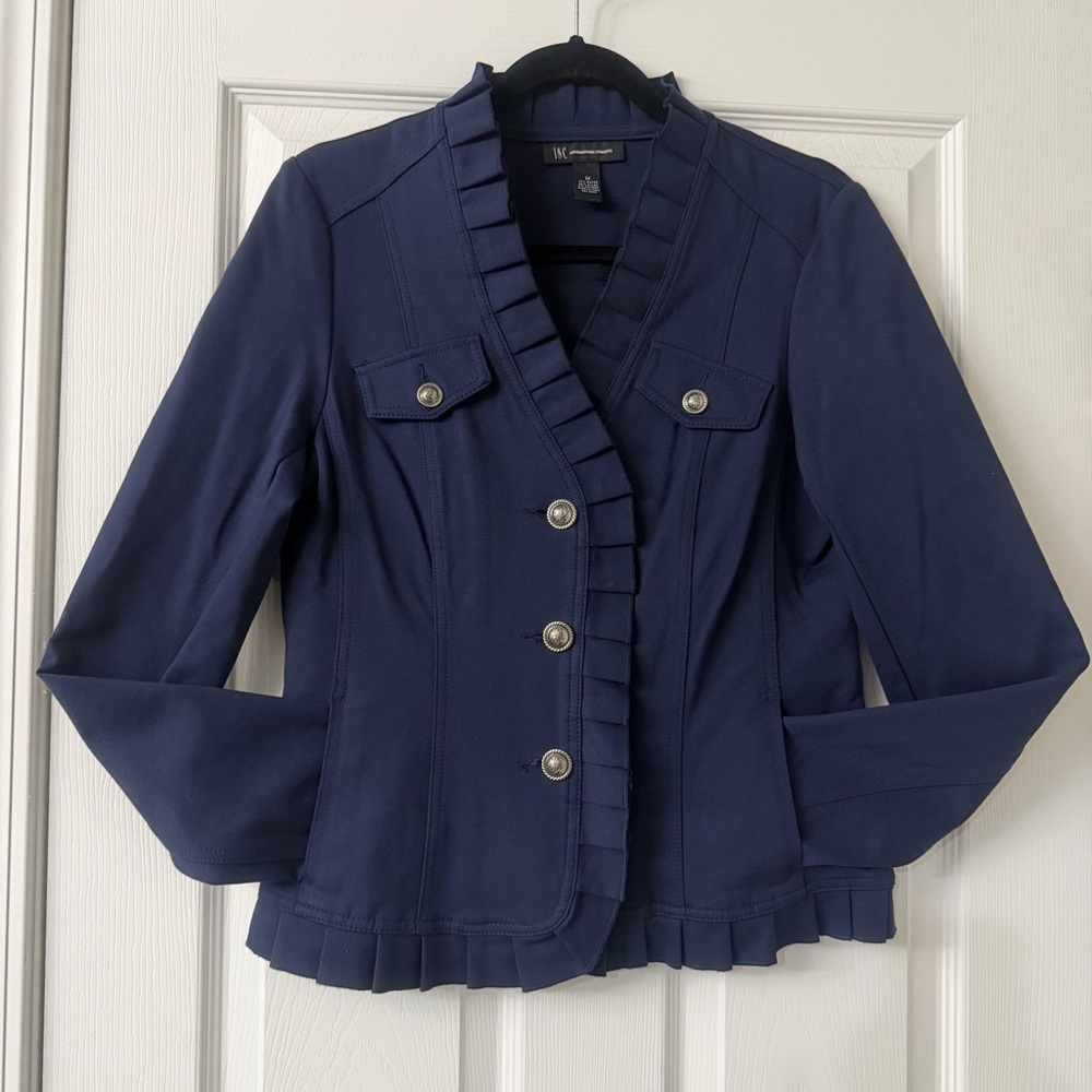 INC International Concepts Women’s Navy Blue Military Blazer Ruffle Detail Sz M